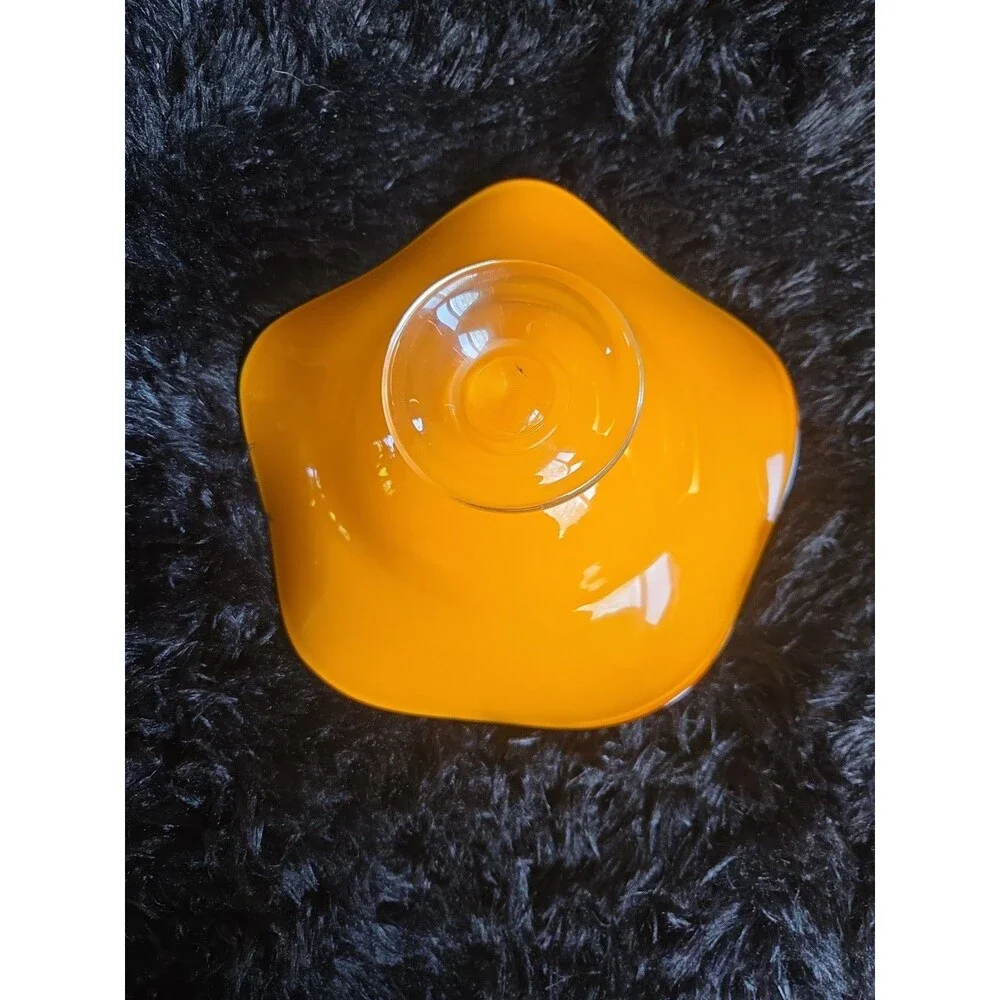 Vtg Teleflora Gift Vibrant Orange Glass Bowl with Ruffled Rim on Clear Pedestal - Picture 8 of 9